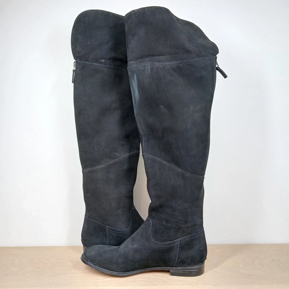 Wythe NY Rashel Over the Knee Boots Womens 7 Black Suede Side Zip Flat
